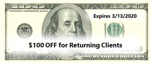$100 off promotion coupon for returning clients